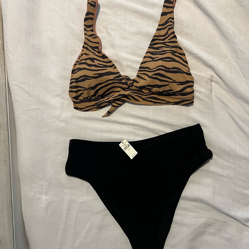 Tiger Print Bikini Top and Black High-Waisted Cheeky bottoms